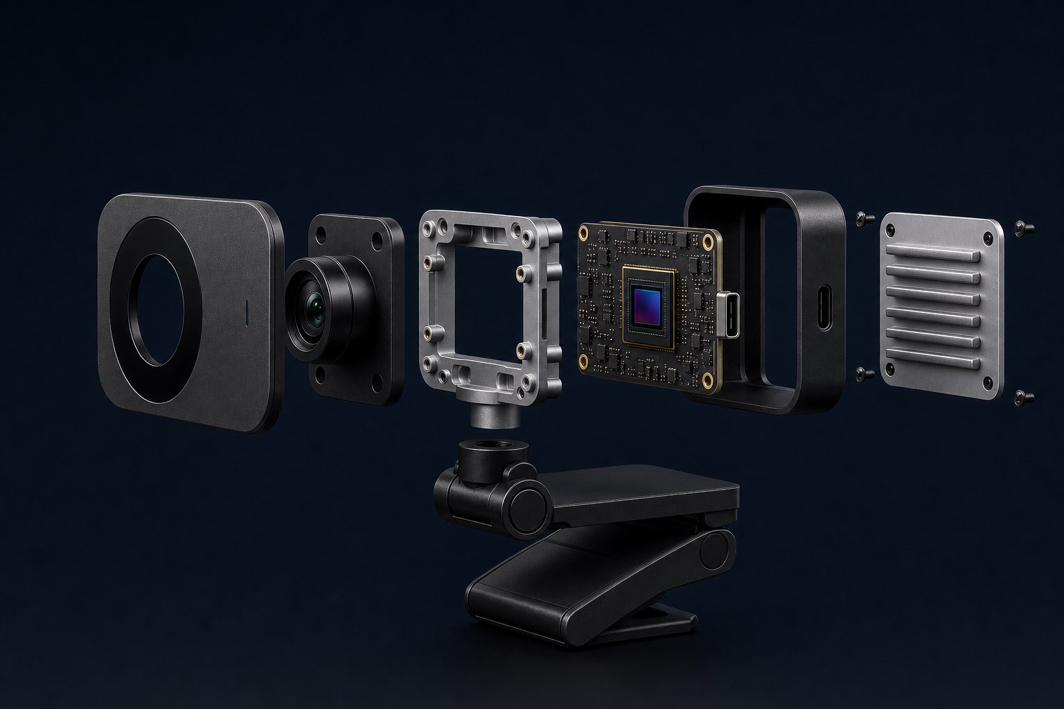 A compact vision camera exploded to show its lens carrier, structural aluminum midframe, circuit board, rear enclosure, and finned thermal cover