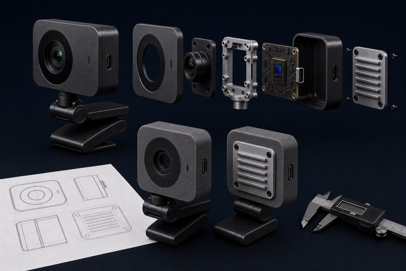 The same substantial compact vision camera shown assembled, exploded around its aluminum midframe, and as coordinated front and rear enclosure studies