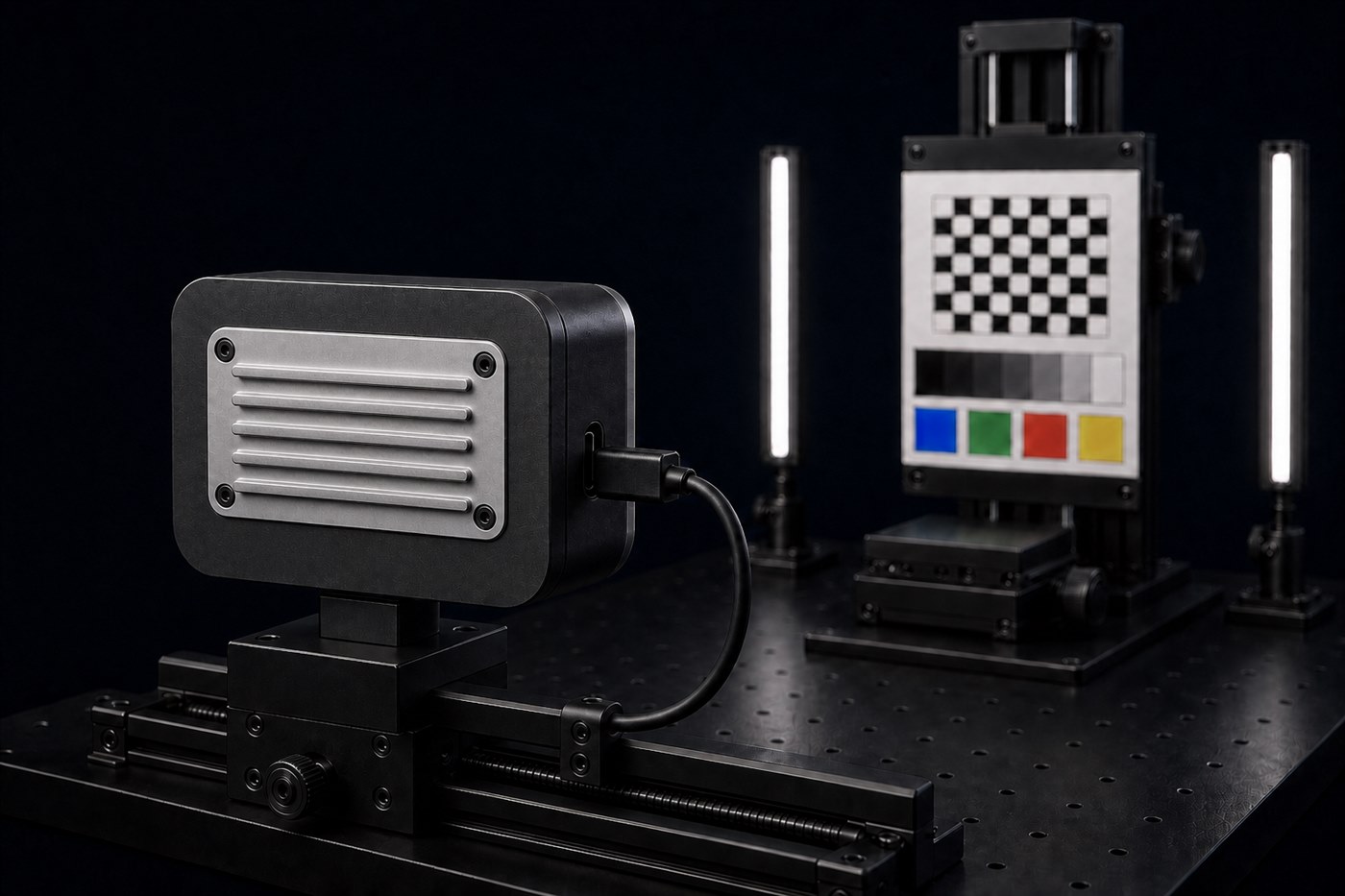 Rear view of the compact vision camera on a rigid test fixture, showing its wide structural thermal cover and restrained USB cable aligned to an automated image-quality target
